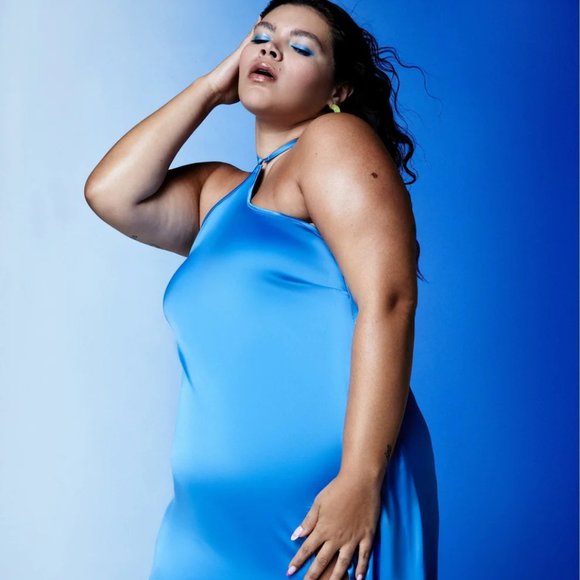 High Slit Satin Halter Dress in Peacock - Picture 2 of 3